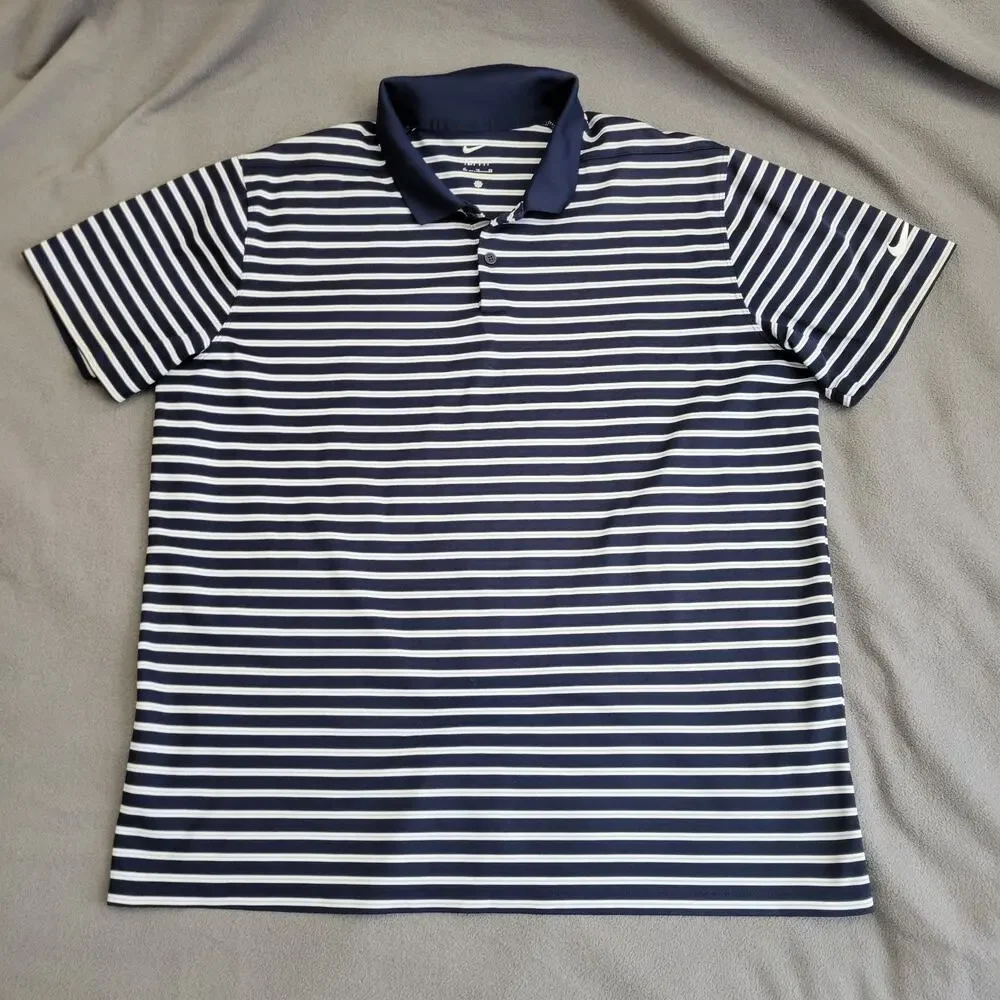 NIKE Shirt Polo Mens XL Blue DriFit Golf Striped Gray White Performance Business - Picture 1 of 14